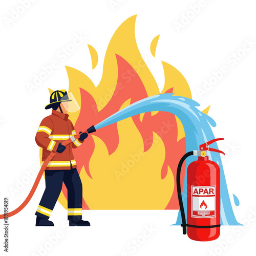 Firefighter Using Hose and Fire Extinguisher.