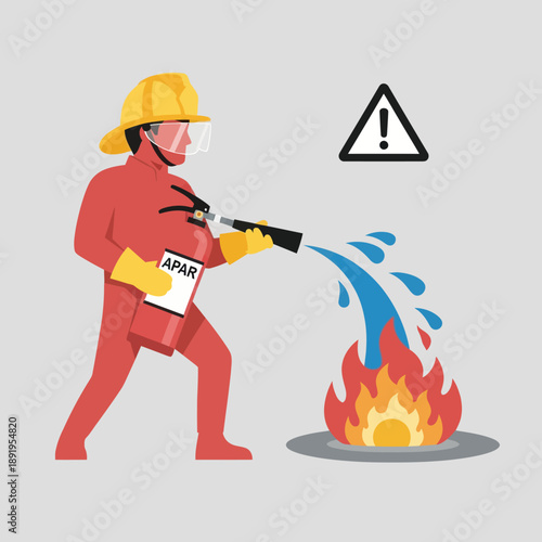 Firefighter Extinguishing Fire with Firehose.