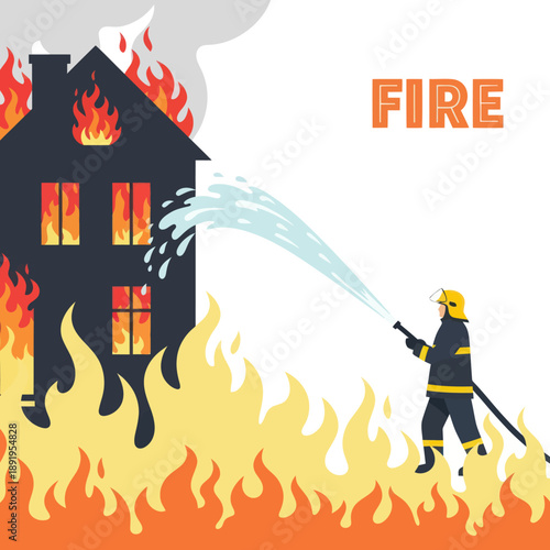 Firefighter Fighting Fire in Burning House.