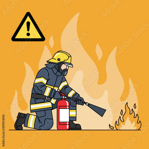 Firefighter in Action with Fire Extinguisher.