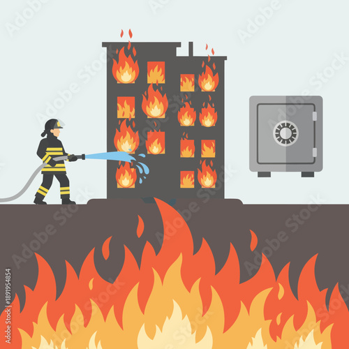 Firefighter Battling Flames in Burning Building.