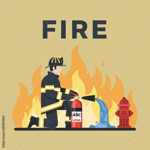 Firefighter Fighting Fire with Extinguisher and Hose.