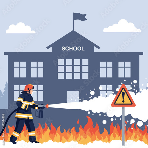 Firefighter Extinguishing Fire Near School Building.