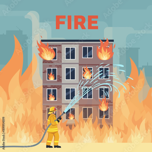 Firefighter Fighting Fire in Burning Building.