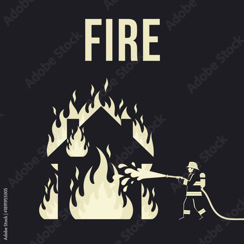 Firefighter Fighting House Fire Silhouette Illustration.