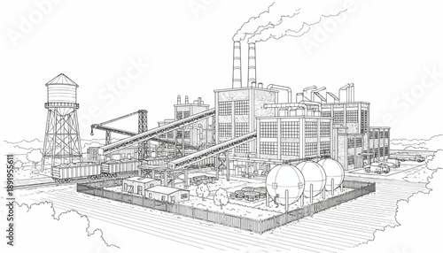 Industrial Plant Construction, Factory, Site, Illustration, Urban, Aerial View