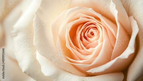 Intricate spiral of soft peach and cream colored petals fills the frame in a close up floral study.