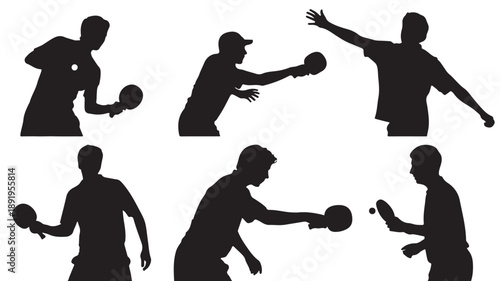 Table Tennis Players Dynamic Silhouettes in High Contrast Black and White Vector Illustration Set for Sports Graphics and Active Lifestyle.