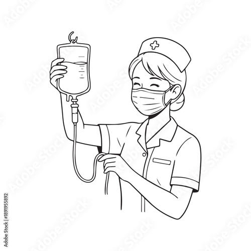 Line art illustration of a nurse wearing a medical mask adjusting an IV drip bag

