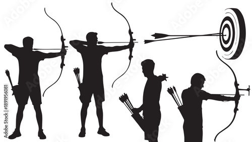 Archery Athletes in Dynamic Silhouette Style with High Contrast Black and White Graphic Illustration for Sports Promotion and Achievement.