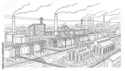 Industrial Revolution, Factories, Urban Landscape, Illustration, Outline View