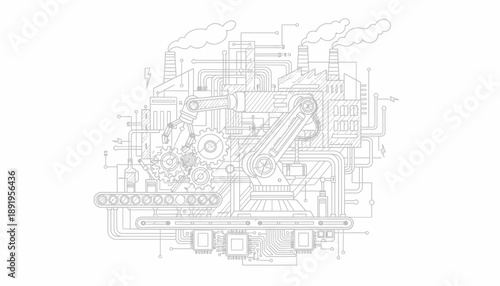 Robotic Assembly Line, Factory, Illustration, Tech Environment