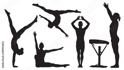 Female Gymnasts Silhouettes Performing Various Poses with Pommel Horse Isolated on White