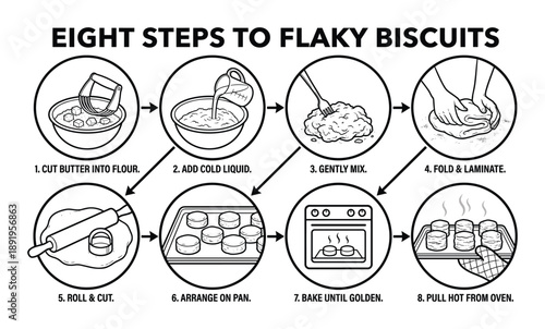 Baking biscuits instructions infographic shows preparation stages in sketch drawing