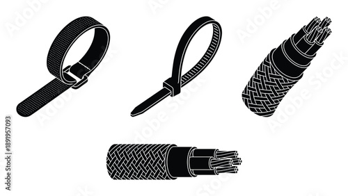 Cable and velcro tie vector outline illustration set of power cord elements bundle