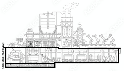 Industrial Action, Factory Machinery, Manufacturing Plant, Technical Drawing