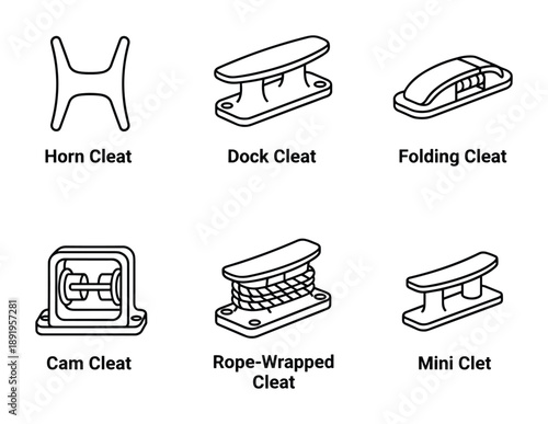 Cleat vector icon set for boat mooring equipment isolated on transparent background for web design