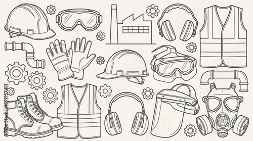 Safety Gear Icons, Industrial Safety, Factory Environment, Graphic Design