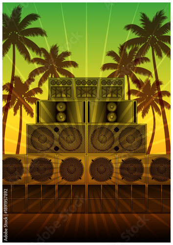 レゲエフライヤー風 サウンドシステムとヤシの木のベクター背景｜Reggae Flyer Style Vector Background with Sound System and Palm Trees