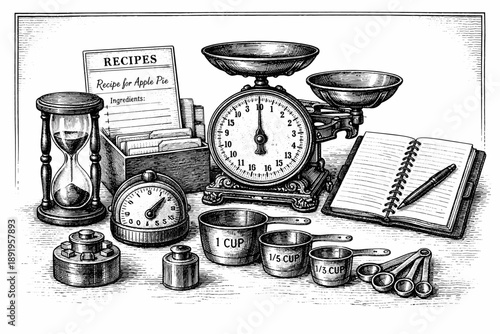 Vintage kitchen tools for baking: scales, measuring cups, recipe book, hourglass
