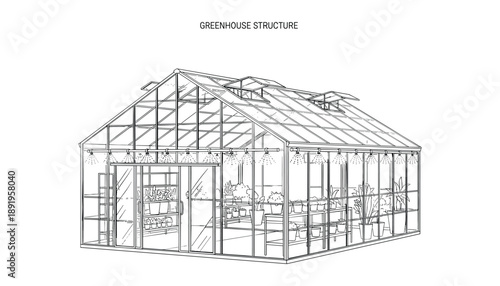 Greenhouse structure sketch line art building for planting vegetables and flowers indoor garden