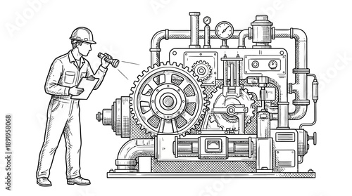 Inspection Action, Mechanic Subject, Industrial Location, Illustration Content, Technical Environment, Close-up Viewpoint, Machinery Concept