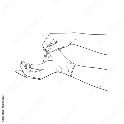 Line drawing of hands putting on a medical protective glove
