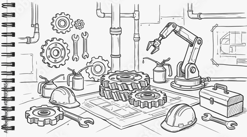 Robotic Arm, Workshop, Blueprint, Mechanical Environment