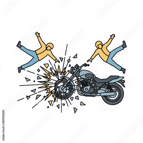 Motorcycle Accident with Cartoon People Flying.