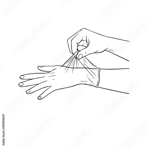 Line drawing of hands putting on a medical protective glove

