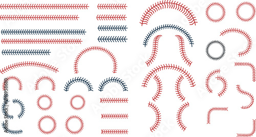 Baseball stitch decorative vector set with curved seams, circular elements and sport design collection