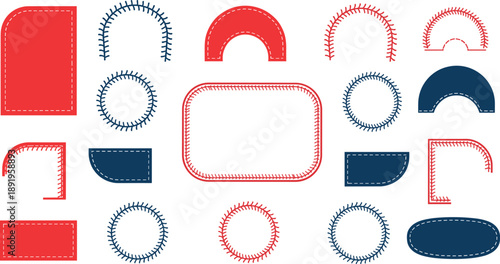 Baseball stitch frame and label vector set with rounded shapes, decorative borders and sport design elements