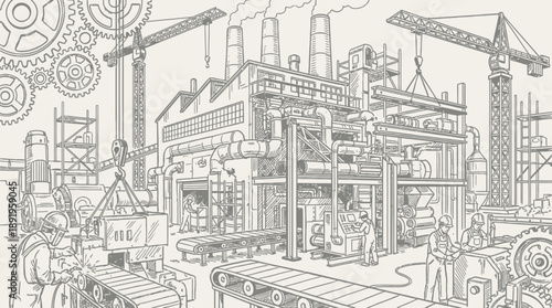 Factory Workers and Machinery in Urban Setting, Illustration
