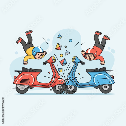 Two People Crashing Scooters Accidentally Together.