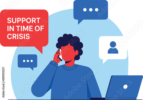 Crisis support concept illustration with person on phone and laptop, emergency help, mental health assistance, online communication and guidance