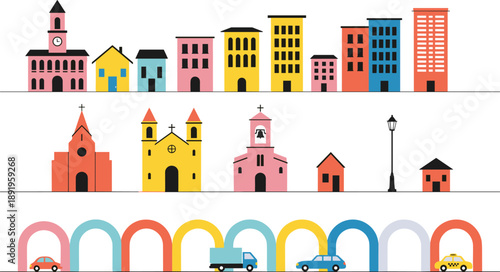 Colorful city skyline and buildings set with houses, churches, streets and cars, urban landscape elements, flat vector illustration