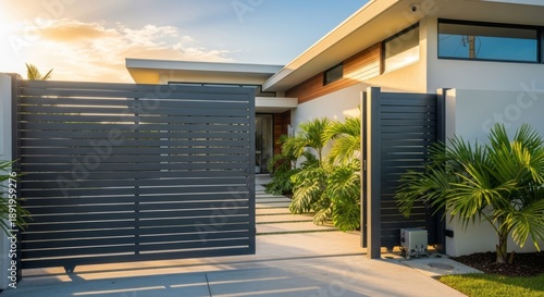 Contemporary tropical home exterior featuring a sleek anthracite sliding gate fence and minimal landscaping under warm sunlight, metal, home, house