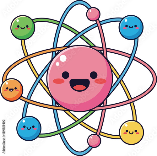 Cute atom cartoon character, science education illustration, happy molecule mascot, physics chemistry learning symbol for kids design