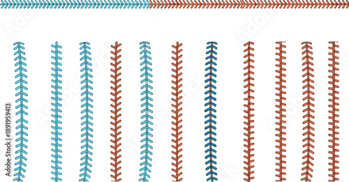 Baseball stitch pattern vector set with red and blue seam lines and sport design elements