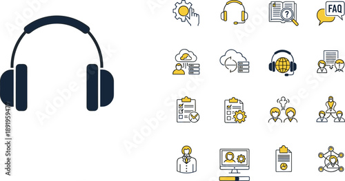 Customer support headset and service icons set, help desk, technical assistance, call center concept, flat vector illustration collection