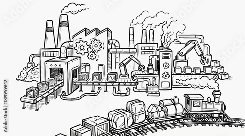 Industrial Automation, Factory Machines, Train Transport, Illustration, Design