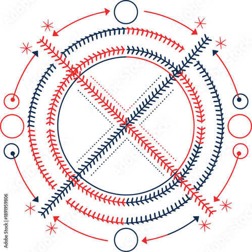 Abstract baseball stitch circular diagram vector with seam lines, arrows and modern sport infographic design