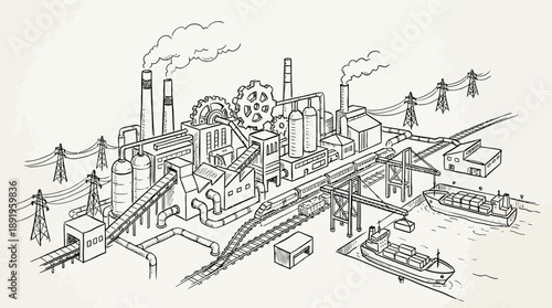Industrial Action Scene, Factory Operations, Coastal Port, Illustration, Urban, Aerial View, Manufacturing Dynamics