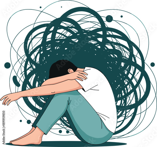 Depressed person sitting alone with chaotic thoughts, mental health struggle, anxiety and stress concept, emotional pain illustration