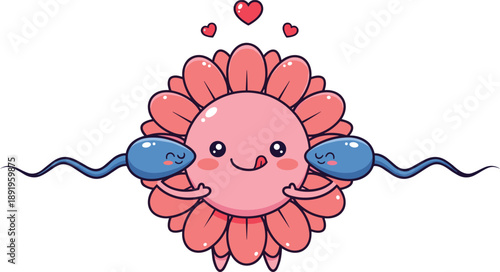 Cute smiling ovum cell with happy sperm characters, fertilization concept, human reproduction cartoon vector illustration isolated on white background