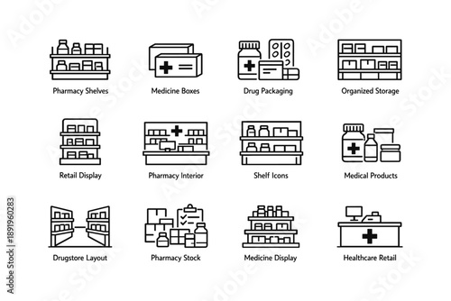 Pharmacy shelves and medicine packaging symbols for drugstore interiors