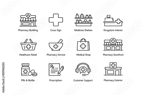 Pharmacy icons: storefront, medicine, prescription, healthcare retail elements