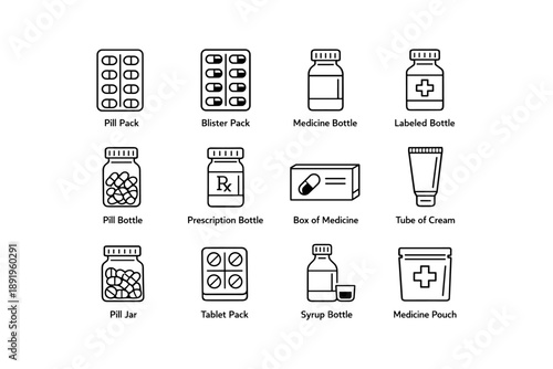 Medicine packaging icons: pills, bottles, syrup, medicine, blister packs
