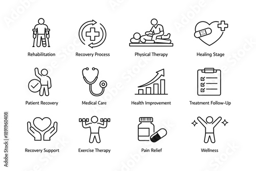 Icons representing rehabilitation, recovery process, and wellness in healthcare