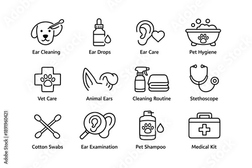 Pet care icons: ear cleaning, vet care, stethoscope, hygiene icons